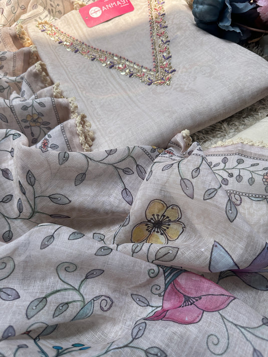 Ivory linen embroidered v neck suit set with digital print dupatta