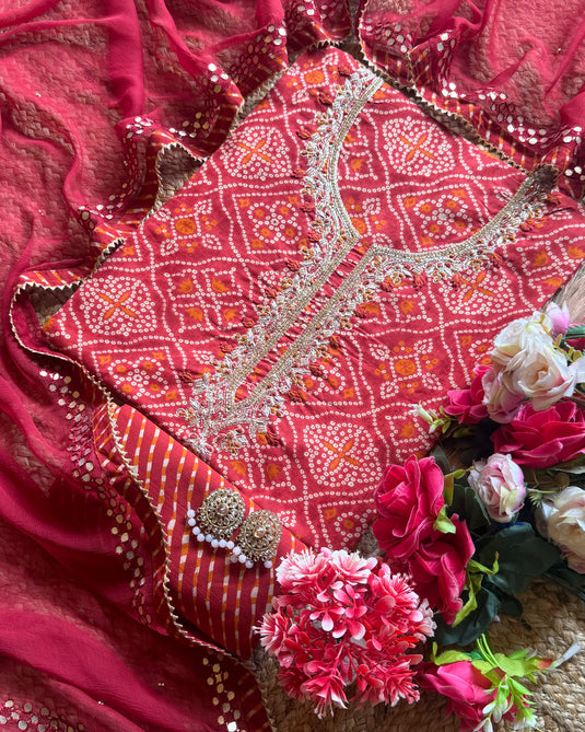 Bandhani gold highlight cotton suits with zari neck and chiffon dupatta