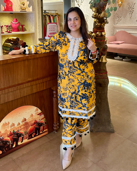 Printed muslin Dori work coord set with tassel work