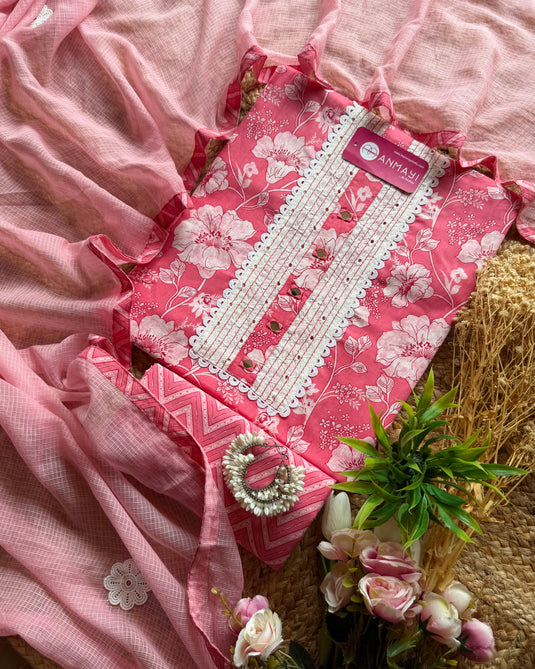 Floral cotton suit with motif Kota dupatta