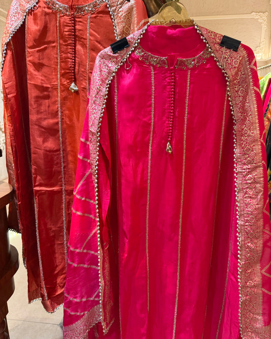 Upada Silk gotta work semi stitched suit set with banarasi dupatta