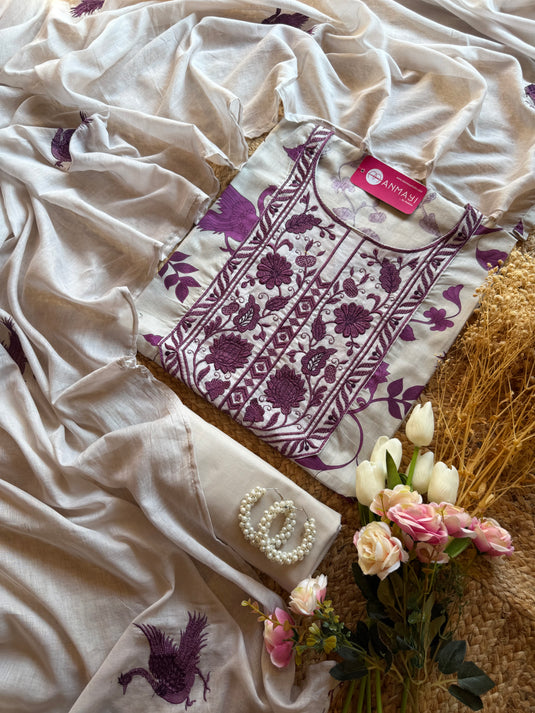 Flamingo cotton embroidered neck suit set