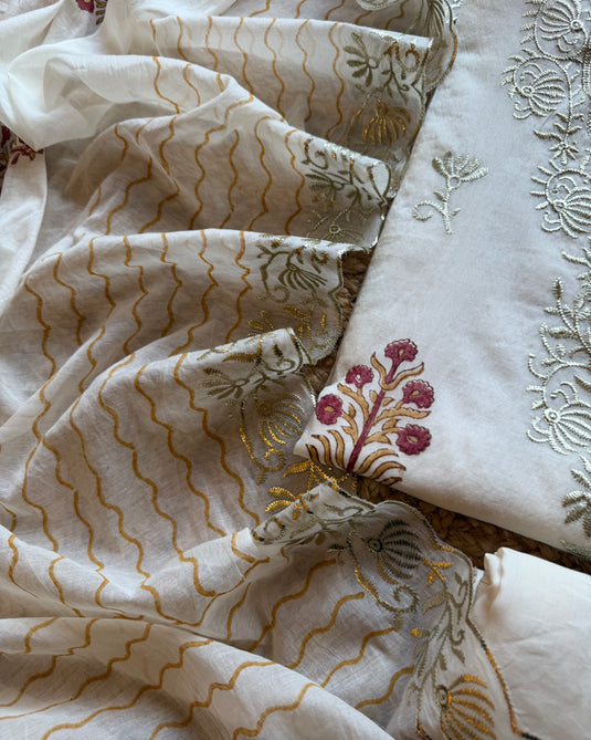 Mul Chanderi Ivory block print suit set