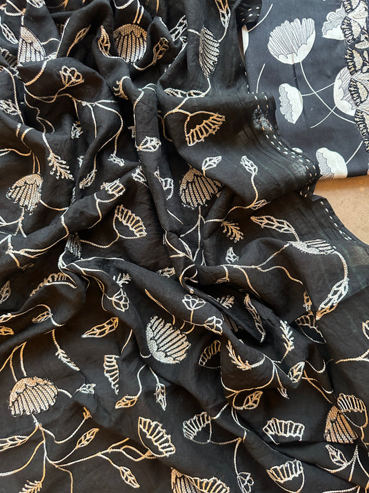 Cotton printed black suit set with embroidered jaal dupatta