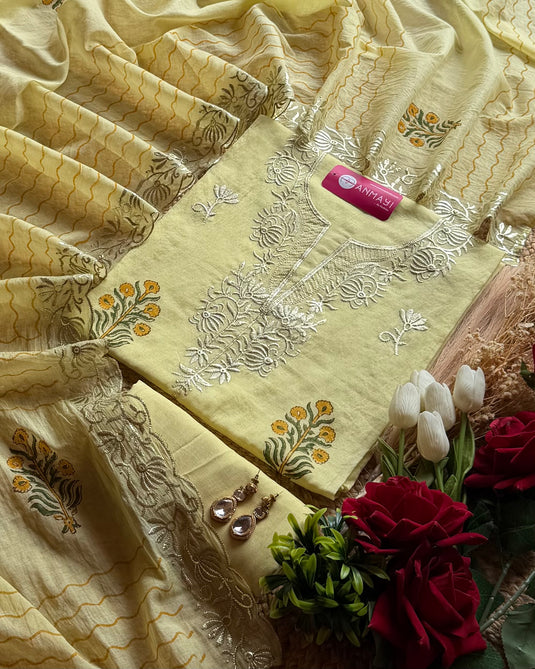 Mul Chanderi block print pita work suit set