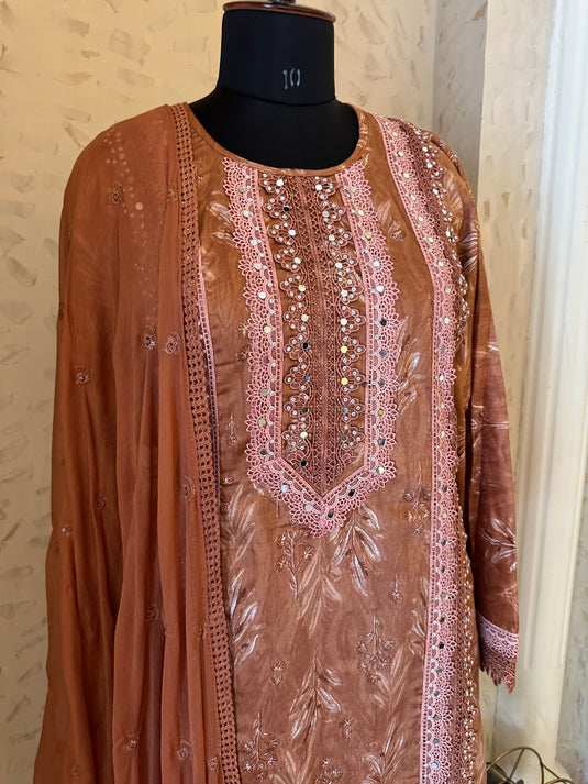 Pakistani crochet real mirror work cotton suit set