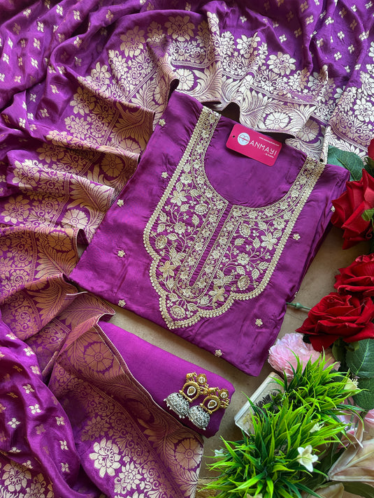 Royal intricate dori work neck muslin suit set with banarasi dupatta