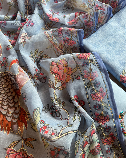 Linen suit set with printed Kantha embroidered dupatta