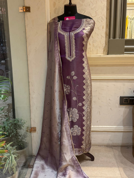 Kanjivaram silver lilac intricate neck work suit set