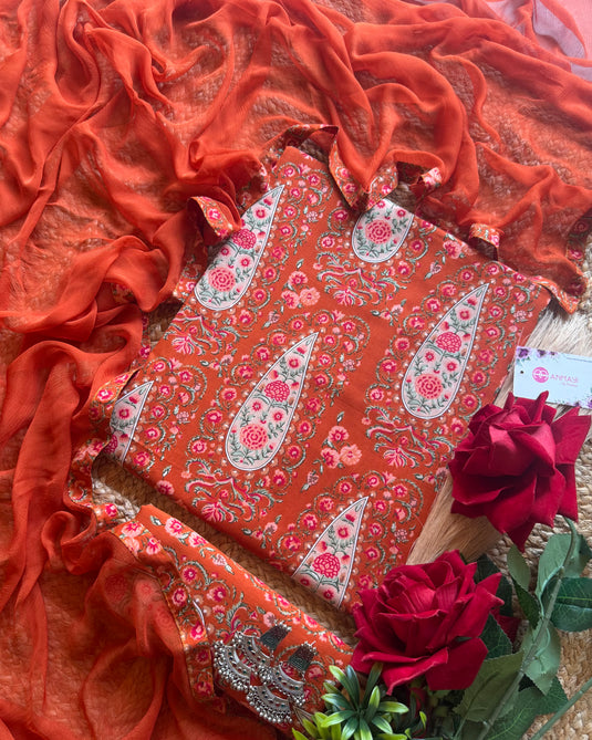 Persian print fine Cambric cotton suit set with chiffon dupatta