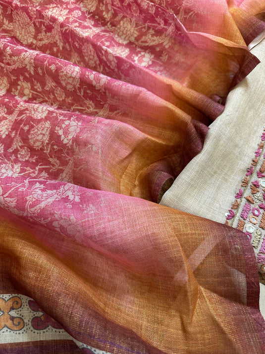 Ombré effect Kantha mirror neck shimmer linen suit with print dupatta