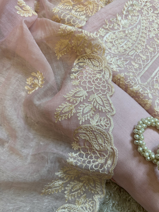 White dori work pastel mul Chanderi suit set