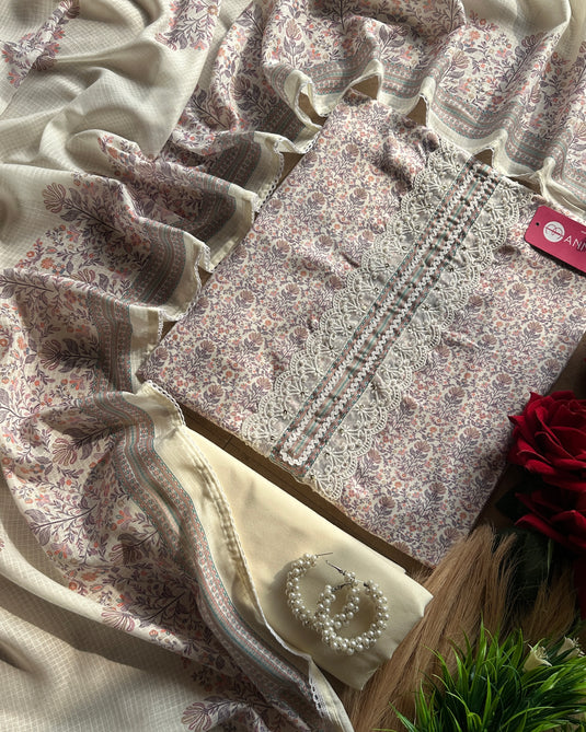Printed cream pure cotton suit set with self Kota dupatta