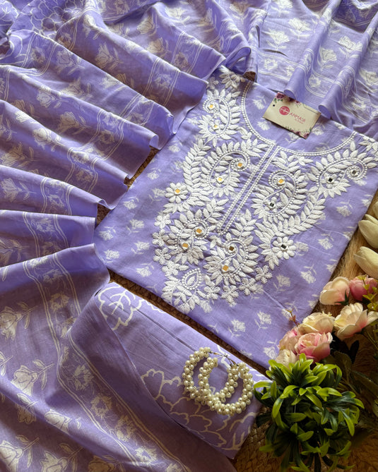 Phulkari Mirror Neck printed Cambric cotton suit set