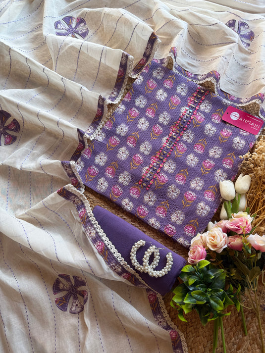 Weaves cotton suit with mirror neck and patch work cotton dupatta