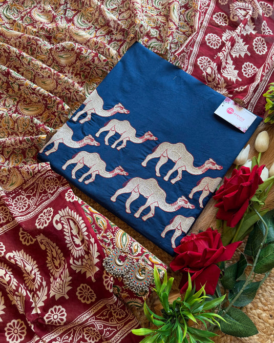 Cotton camel motif suit set with Ajrakh cotton dupatta and bottom