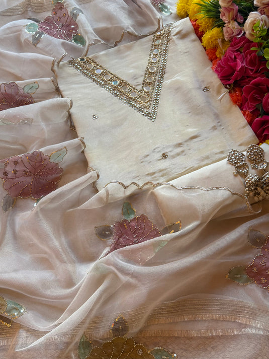 Mirrors v neck shimmer silk suit set with organza highlights dupatta