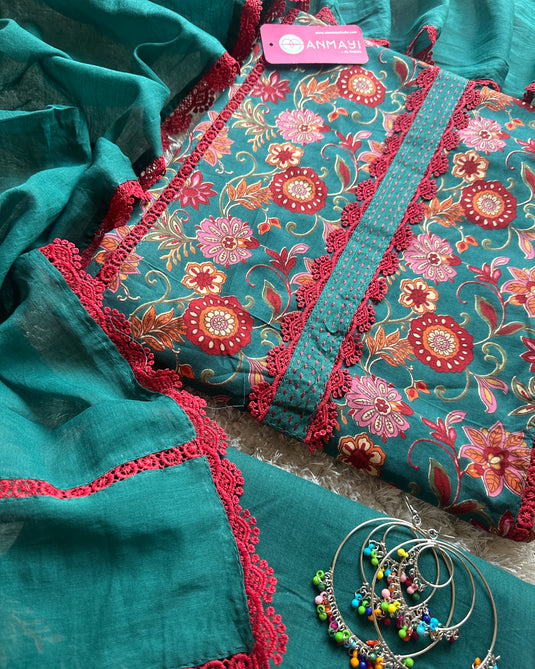 Cotton floral print lace work suit set