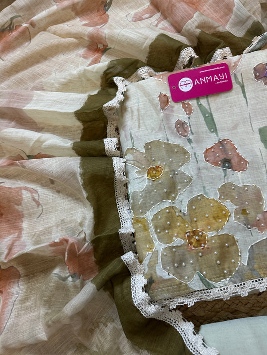 Linen cotton flow paint pearl work suit set