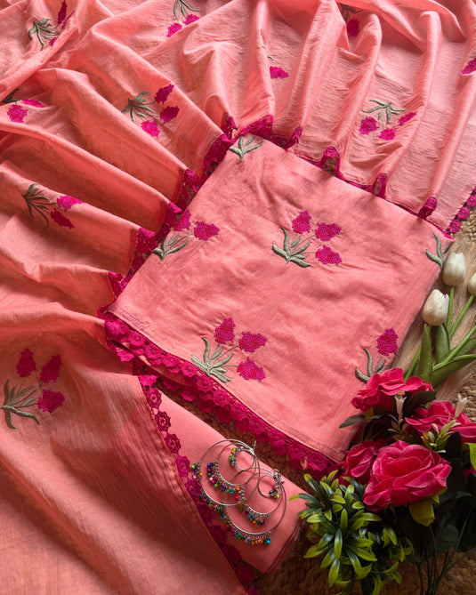 Raspberry french knots soft Mul Chanderi suit set