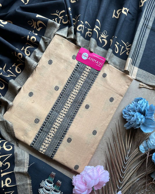 Soft handloom cotton beige black suit with Tibet print dupatta