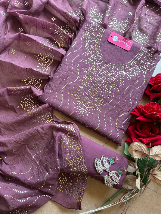 Spiral Mukaish work Mul Chanderi suit set