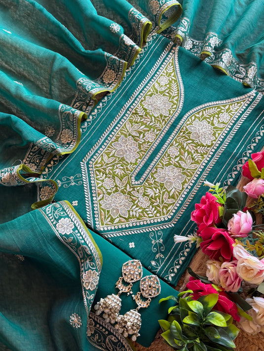 Zari dori coloured patch pure mul cotton suit set