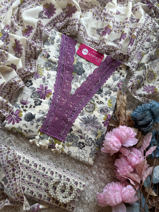 Crochet lace pure cotton cream base floral suit set with tassels