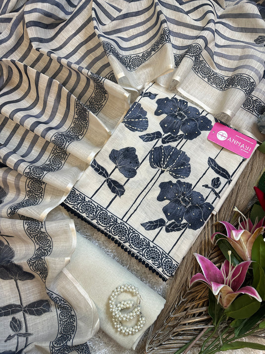 Pure linen beige black Kantha highlights suit