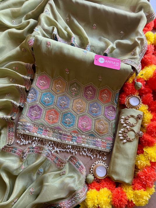 Shimmer silk coloured motif work suit set with silk bottom