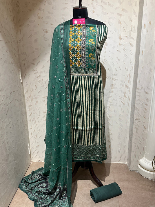 Ajrakh cotton printed neck suit set with cotton dupatta