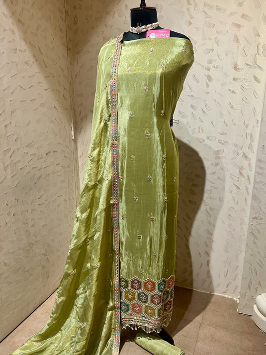 Shimmer silk coloured motif work suit set with silk bottom