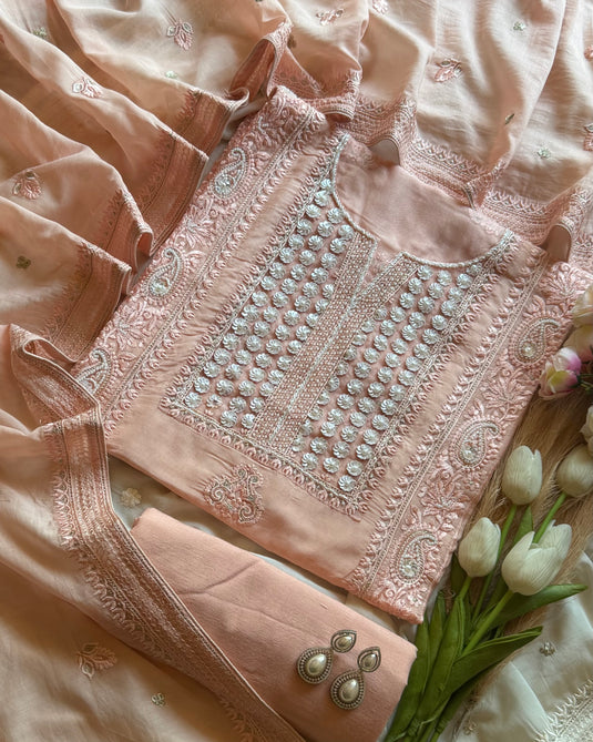 Mul Chanderi Pakistani embedded flower neck suit set