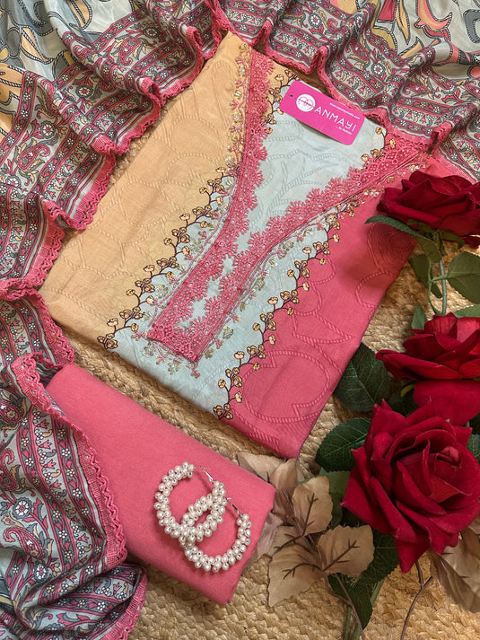 Coloured muslin coral peach Pakistani layers suit set with digital Kantha dupatta