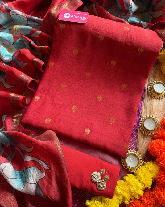 Moonga silk festive banarasi suit with handprint dupatta