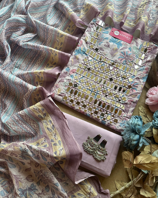 Printed cambric cotton suit with real mirror work