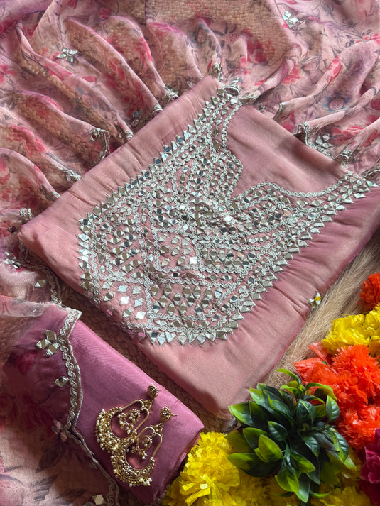 Shimmer silk mirror work suit set with organza floral dupatta