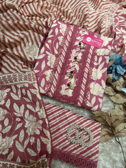 Patterned garden pure cotton suit set with shell neck