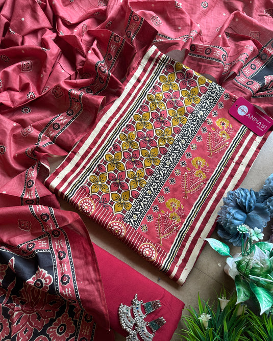 Ajrakh cotton printed neck suit set with cotton dupatta