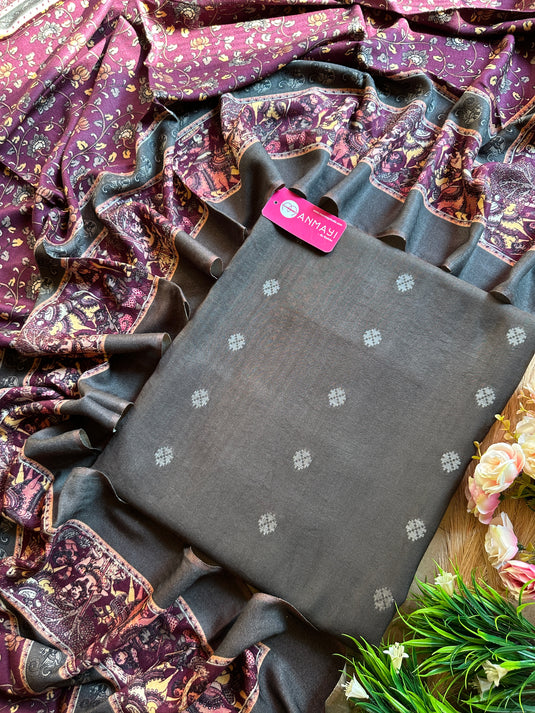 Banarasi weave pure pashmina suit set with printed shawl