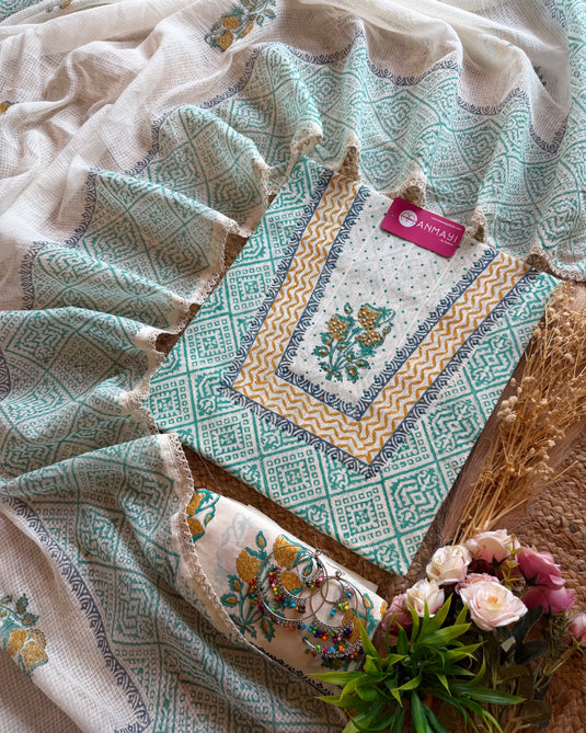 Pure cotton block highlighted neck abstract print suit set