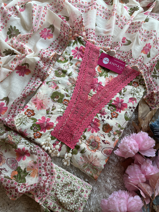 Crochet lace pure cotton cream base floral suit set with tassels