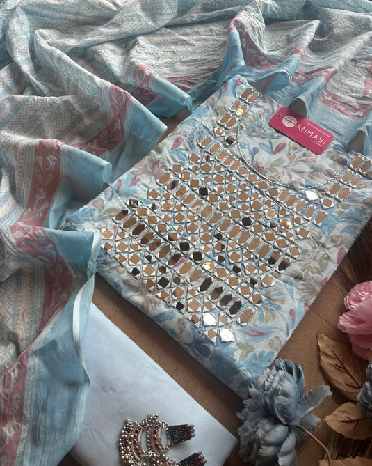 Printed cambric cotton suit with real mirror work