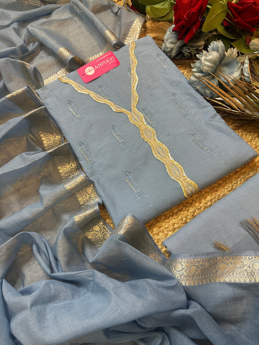 Bright hakooba Zari work cotton suits with mul Chanderi dupatta