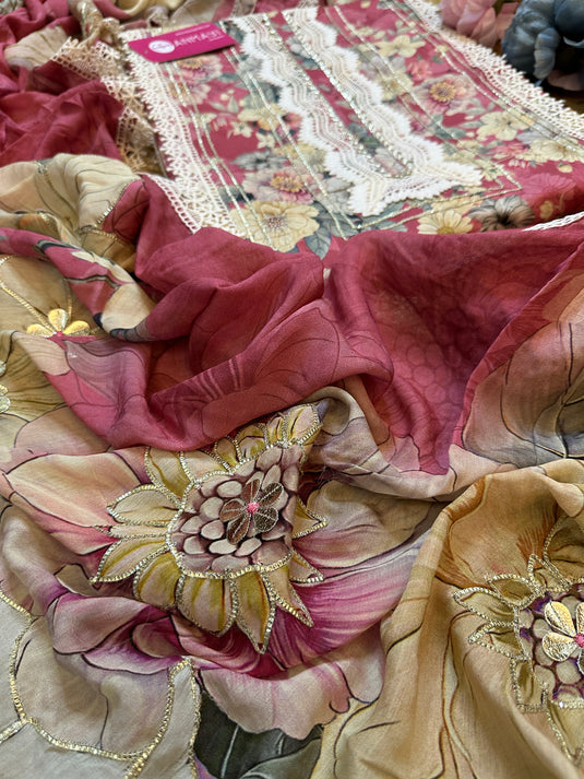 Floral affair muslin cotton patterned suit with pure crepe digital highlighted dupatta