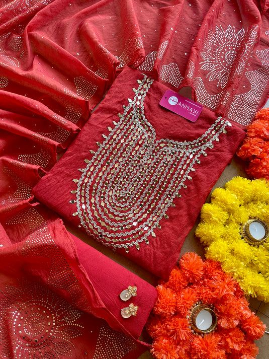 Mirror work mul chanderi suit set with mukaish dupatta