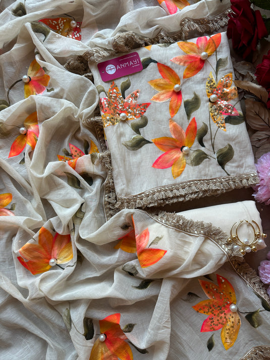 Handpaint ombré flowers with highlights Mul Chanderi suit set