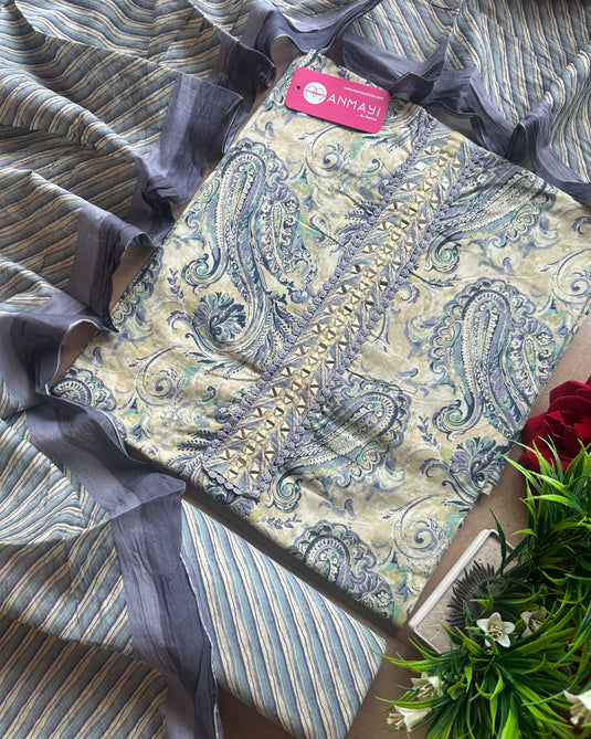 Cambric cotton ambi print suit set with cotton stripes dupatta