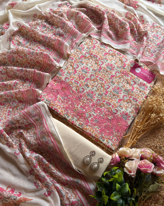 Printed cotton embossed border work suit set