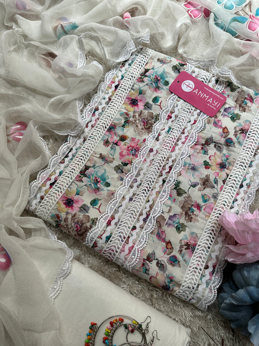 Patterned lace work suit with digital print on muslin cotton fabric
